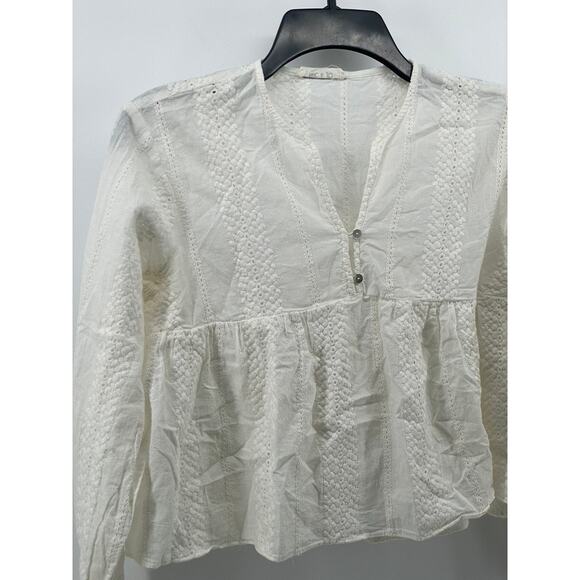 NIC & JO Women's White Embroidered Eyelet V-Neck Long Sleeve Ruffle-Hem Top SZ M - Picture 3 of 9